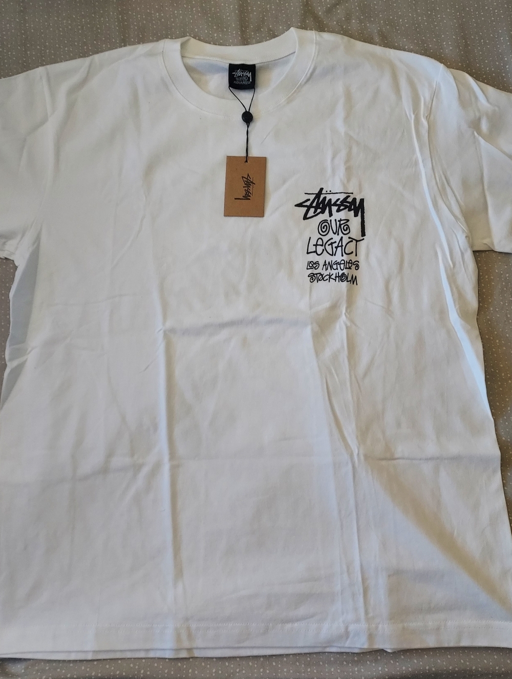 Stussy White Tee with Black Script Pocket Graphic